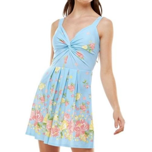 NWT Planet Gold Women's Blue Floral Print Mini‎ Fit & Flare Dress Juniors XL - Picture 1 of 16